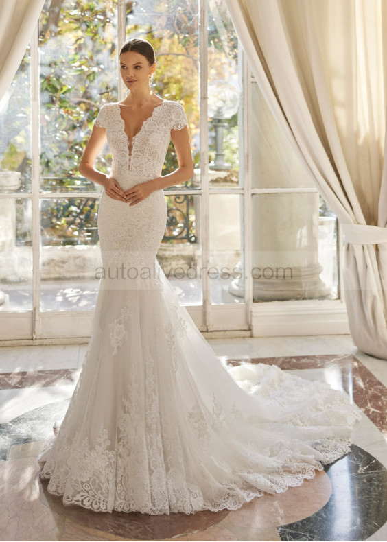 Cap Sleeves Ivory Eyelash Lace Dotted Tulle Sweet Wedding Dress